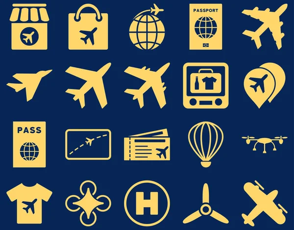 Airport Icon Set. These flat icons use yellow color. Raster images are isolated on a blue background.