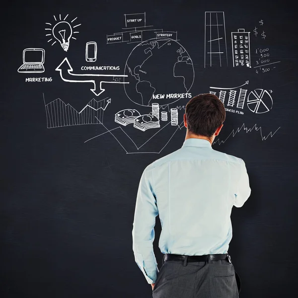 Thoughtful Businessman Hand Chin Blackboard — Stock Photo, Image