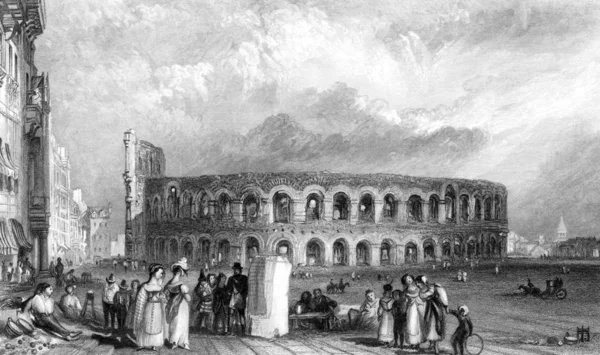 Grawerowanie Amfiteatru Weronie Podczas Renesansu Włochy Wygrawerowany Przez Williama Millera — Zdjęcie stockowe