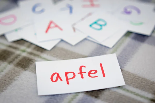 German Learning New Word Alphabet Cards Writing Apple — Stock Photo, Image