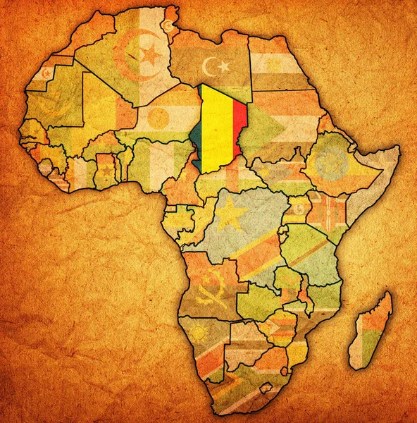 Tchad Sur Carte Politique Vintage Actuelle Afrique Avec Des Drapeaux — Photo