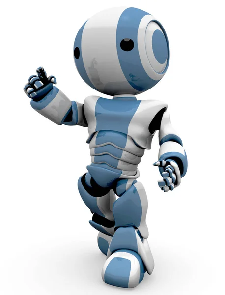 Синьо Білий Робот Ходить Ліворуч Вказуючи Нього Добре Рекламної Пози — стокове фото
