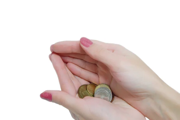 Manos Femeninas Sosteniendo Algunas Monedas — Foto de Stock
