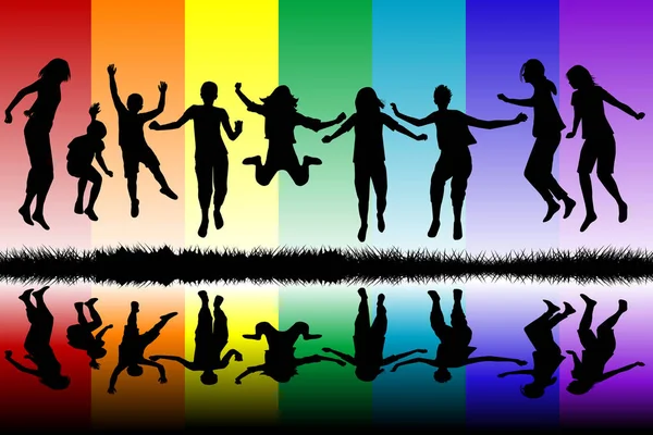 Children Silhouettes Jumping Rainbow Background — Stock Photo, Image