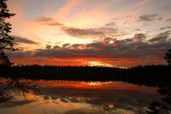Cloudy Sunset Reflected Wood Lake — Stock Photo, Image
