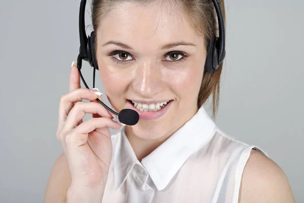 Young Woman Wearing Telephone Headset Talking Phone — Stock Photo, Image