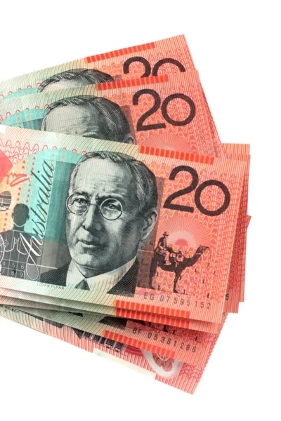 Australische Zwanzig Dollar Scheine Angefacht Vor Weißem Hintergrund — Stockfoto