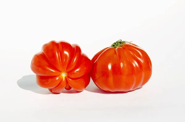 Dois Tomates Vermelhos Com Sombras Sobre Fundo Branco Begetables Ecológicos — Fotografia de Stock