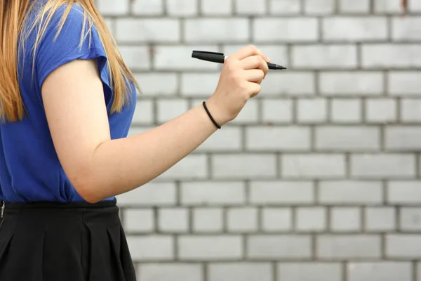 Learning Concept Girl White Brick Wall Photo Your Design Holds — Stock Photo, Image