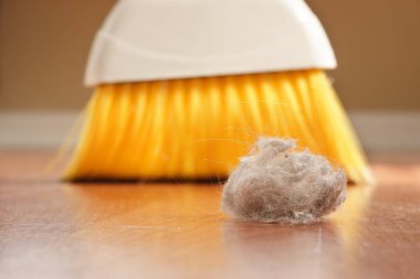 A large clump of dust being swept up with a broom
