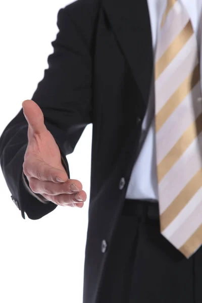 Ein Geschäftsmann Reicht Jemandem Die Hand Alles Auf Weißem Hintergrund — Stockfoto