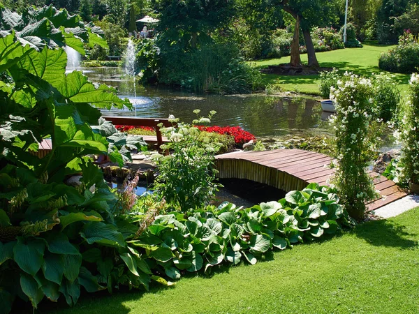 Hermoso Diseño Clásico Ajardinado Exuberante Jardín Floreciente Estanque Peces Con — Foto de Stock
