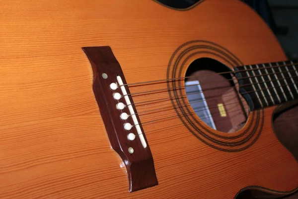 Detalhe Guitarra Acústica Madeira — Fotografia de Stock