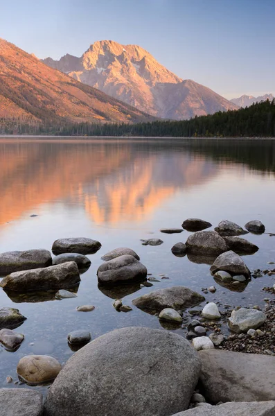 Boulders Sepanjang Pantai Jenny Lake Dan Gunung Moran Grand Teton — Stok Foto