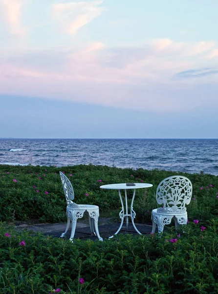 Beautiful Romantic Setting Two Sea Table Two Chairs Beach — Stock Photo, Image