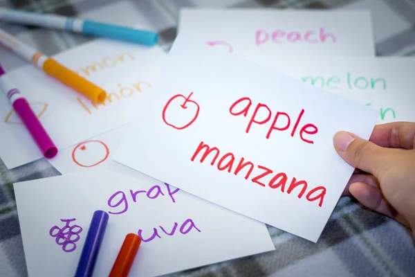 Spanish Learning New Language Fruits Name Flash Cards — Stock Photo, Image
