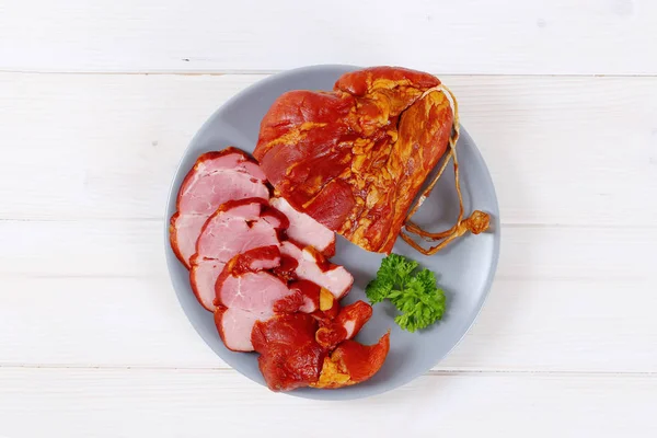 Sliced Smoked Pork Meat Blue Plate — Stock Photo, Image