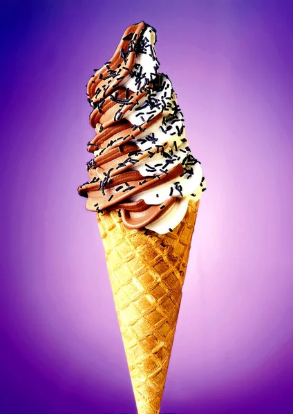 Mixed Vanilla Chocolate Flavour Ice Cream Cone Gradient Background — Stock Photo, Image