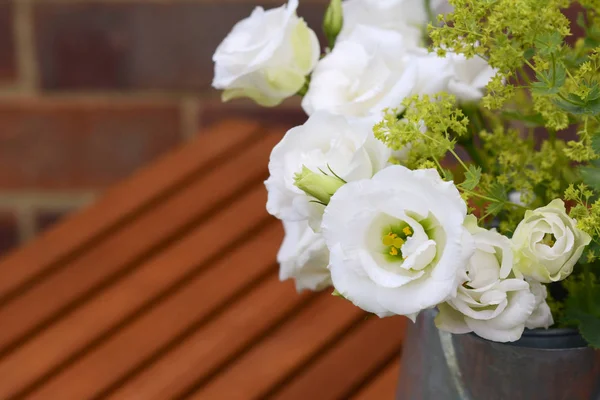 Primer Plano Flores Genciana Tulipán Blanco Con Manto Ladys Sobre — Foto de Stock