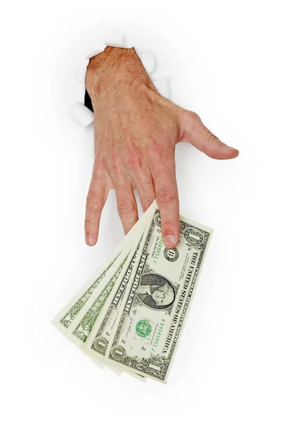 Χέρι Δίνοντας Στοίβα Δολάρια Απομονωθεί Λευκό Φόντο — Φωτογραφία Αρχείου