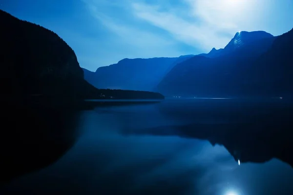 Hallstatter Lihat Hallstatt Austria Eropa Hallstatter Lake Moon Reflections Night — Stok Foto