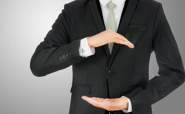 Geschäftsmann Stehen Zeigen Hand Isoliert Auf Grauem Hintergrund — Stockfoto
