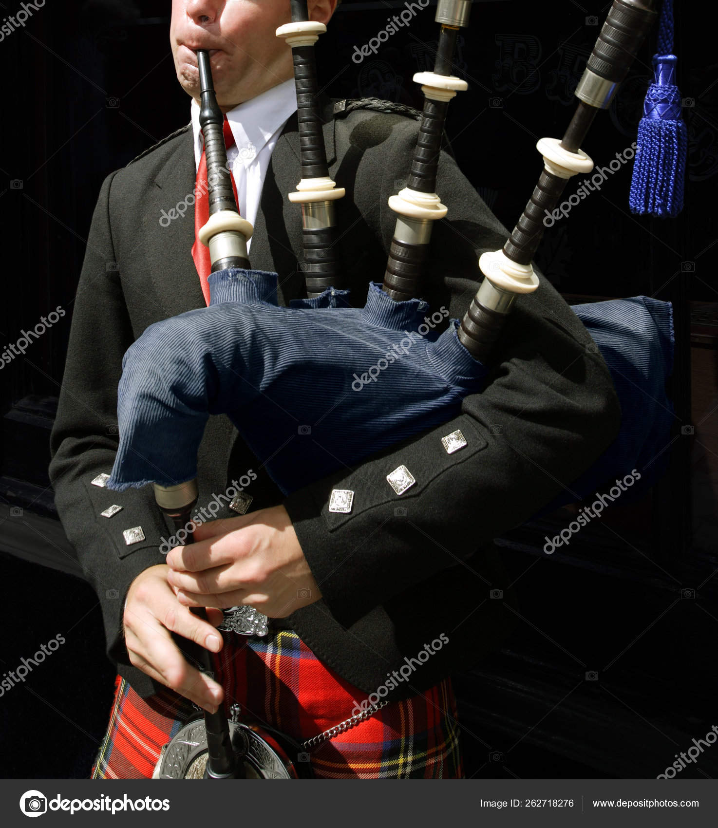 Drumsticks Resting Snare Drum Sets Live Show Bagpiper Blowing His Stock