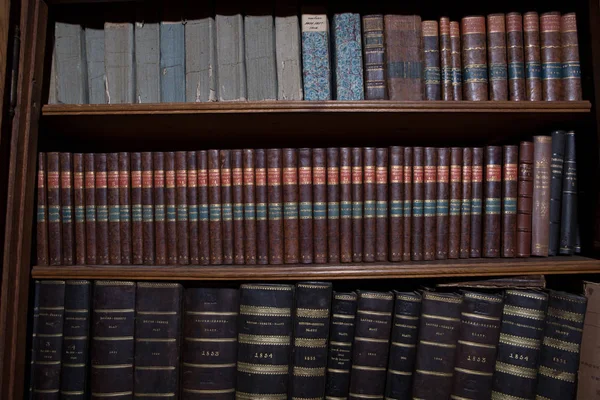 Livros Antigos Uma Biblioteca Linha Madeira — Fotografia de Stock