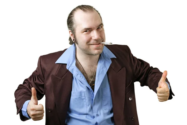 Sleazy Car Salesman Con Man Retro Suit Wearing Man Happy — Stock Photo, Image