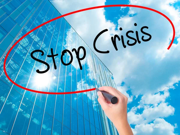Women Hand Writing Stop Crisis Black Marker Visual Screen Isolated — Stock Photo, Image