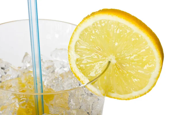Склянка Апельсинового Соку Скибочкою Лимона Соломою — стокове фото