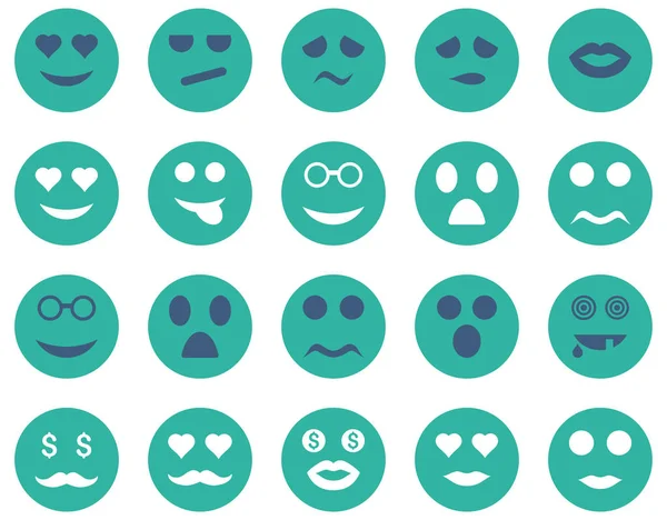 Smile and emotion icons. Glyph set style is bicolor flat images, cobalt and cyan symbols, isolated on a white background.