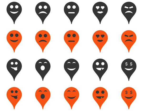 Emotion map marker icons. Glyph set style is bicolor flat images, orange and gray symbols, isolated on a white background.