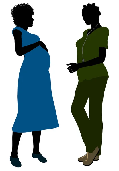 Αφρικανική Αμερικάνικη Γυναίκα Γιατρός Έγκυο Γυναίκα Ασθενή Σιλουέτα Λευκό Φόντο — Φωτογραφία Αρχείου