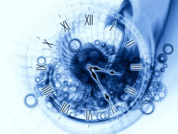 Background design of gears, clock elements, dials and dynamic swirly lines on the subject of scheduling, temporal and time related processes, deadlines, progress, past, present and future