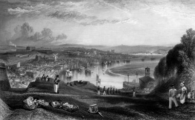 Chatham Royal Naval dockyard on river Medway, Engraved by William Miller in 1838, public domain image by virtue of age. clipart