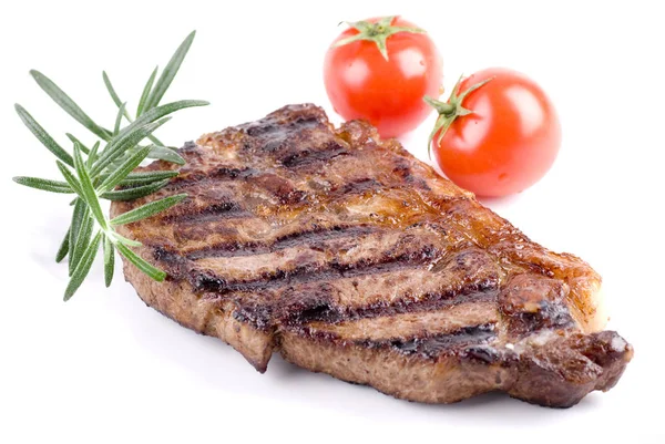 Bande Steak Sur Plaque Blanche Romarin Tomates Garnissent — Photo
