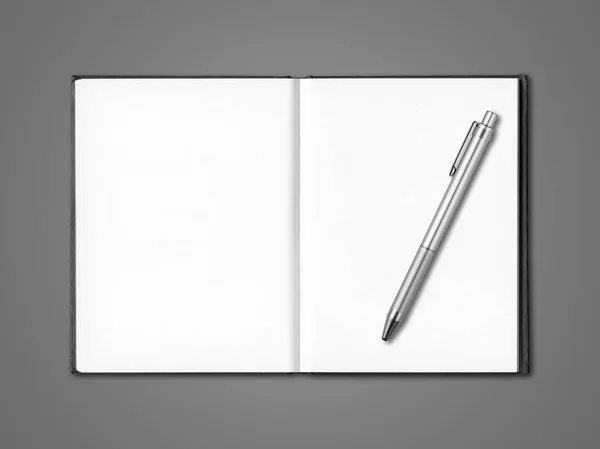 Порожній Відкритий Блокнот Макет Ручки Ізольовані Сірому — стокове фото