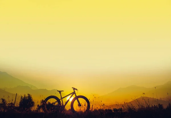 Goldener Himmel Sonnenuntergang Und Mountainbike Silhouette Silhouette Fat Bike Silhouette — Stockfoto