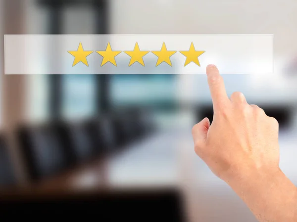 Five Star Rating Hand Pressing Button Blurred Background Concept Бизнес — стоковое фото