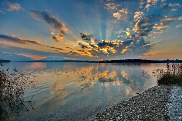 Matahari Terbenam Danau Chiemsee Jerman — Stok Foto