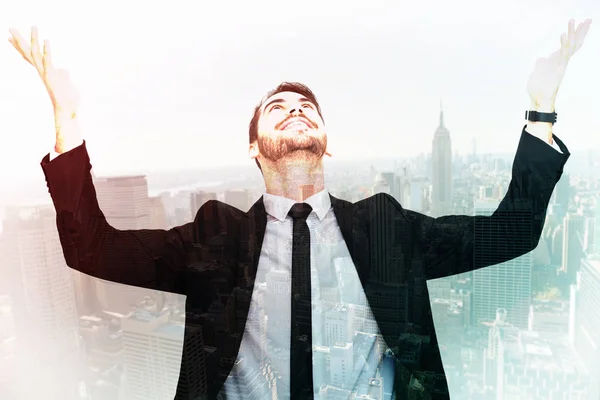 Businessman Cheering Hands Raised New York Skyline — Stock Photo, Image