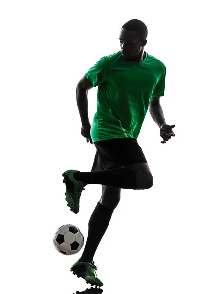 Jogador Futebol Homem Africano Camisa Verde Silhueta Fundo Branco — Fotografia de Stock