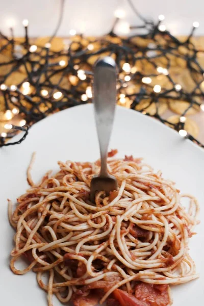 Italian Tasty Pasta Tomatoes Fork Christmas Food Concept — Stock Photo, Image