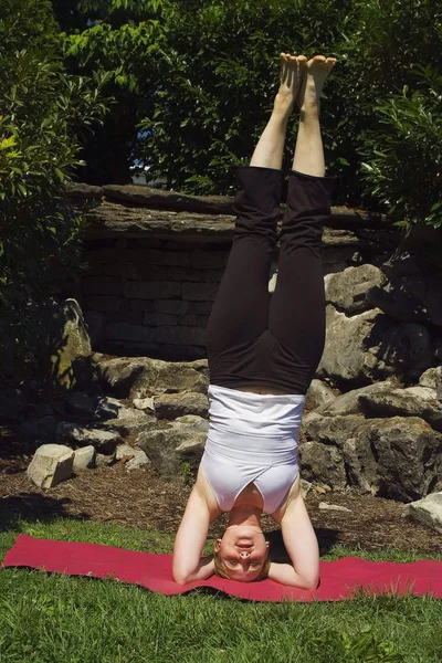 Yoga expert stands on her head for the camera.