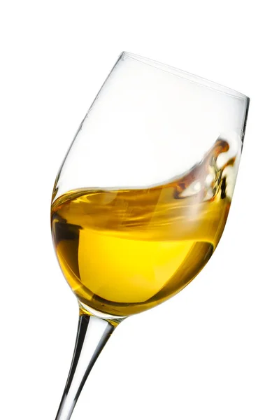 Geïsoleerde Bewegende Witte Wijn Glas Witte Achtergrond — Stockfoto