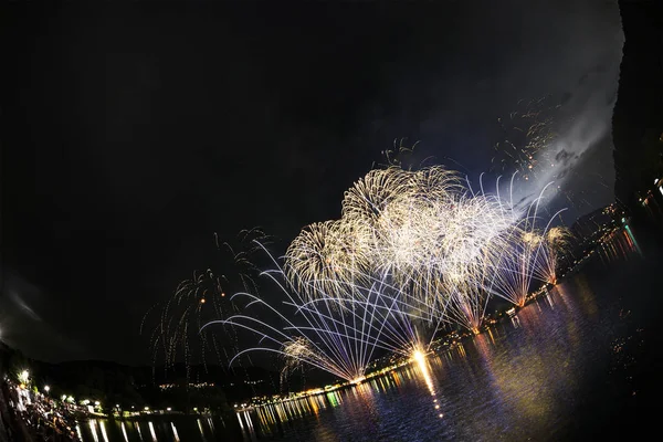 Vuurwerk Het Meer Van Lugano Een Zomeravond Gezien Vanaf Lakefornt — Stockfoto