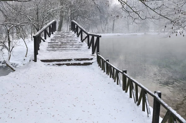 Маленький Деревянный Мост Через Холодную Реку Рано Утром Зимний Сезон — стоковое фото