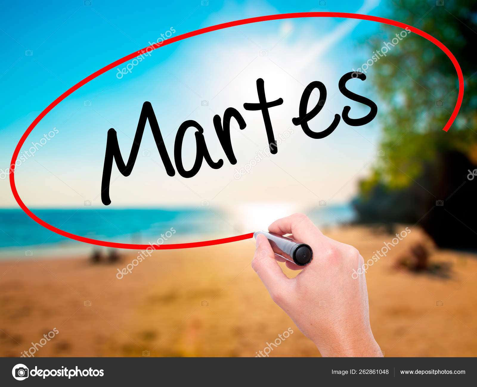 Man Hand writing Martes (Tuesday in Spanish) with black marker on