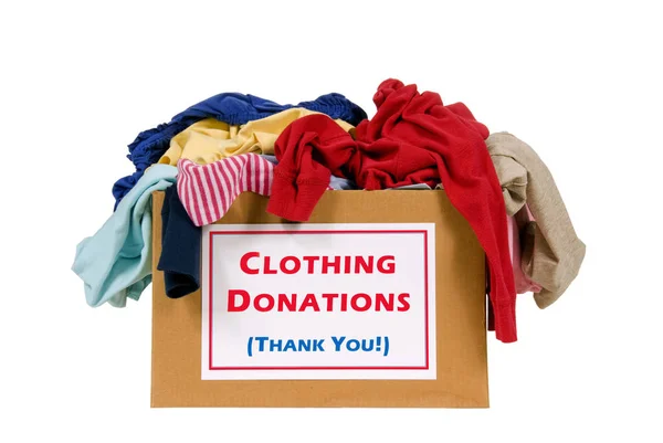 Big Donation Box Sign Full Clothes Isolated White — Stock Photo, Image